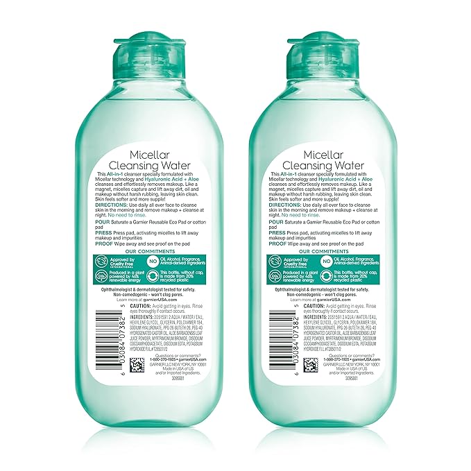Garnier Micellar Water with Hyaluronic Acid, Facial Cleanser & Makeup Remover, Hydrating and Plumping, For All Skin Types, Vegan, Cruelty Free, 13.5 Fl Oz (400mL), 2 Count