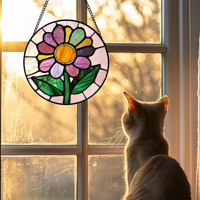 Stained Glass Window Hanging 4 Pcs Set Pink Floral Theme 9.8" - Flowers Suncatcher Door Garden Sun Catcher Decor Birthday Christmas for Mom Woman Nana Men Friend