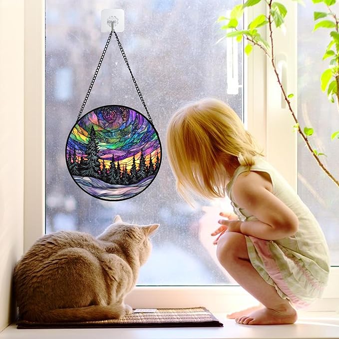 Stained Glass Window Hanging, Van Gogh Night Scene Sun Catchers Colorful Glass Panel Starry Sky Suncatcher Decor for Birthday for Women, Men, Wife, Aunt, and Mom 6.3 in