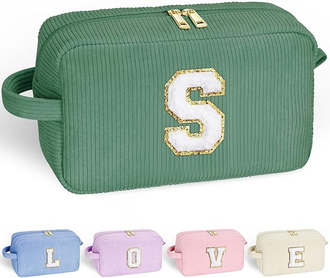 YOOLIFE Girls Makeup Bag - Teen Girl Gifts Deep Green Letter Make Up Bag Cosmetic Bag Mini Makeup Brush Bag Mother Teacher Gifts for Women Her Best Friend Birthday Gifts for Women Sister Initial S