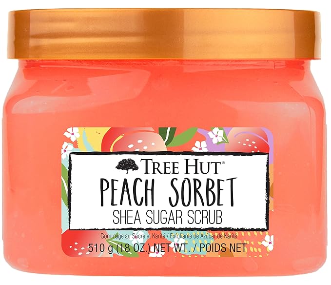 Tree Hut Peach Sorbet Shea Sugar Scrub, Exfoliating, Hydrating & Moisturizing Body Scrub with Shea Butter & Nourishing Essential Oils, Smooth & Soften Skin, 18 oz
