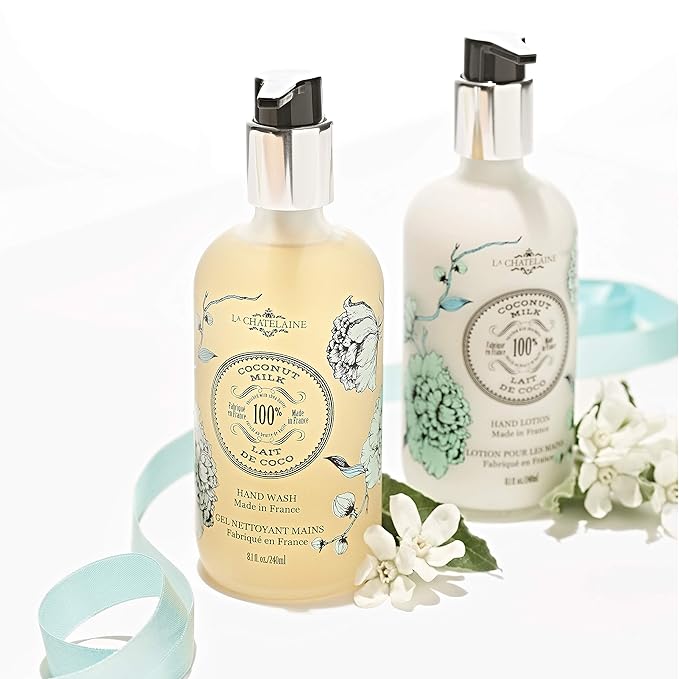 La Chatelaine Hand Wash & Lotion Set | Sulfate Free | Frosted Glass Bottles | Nourishing Shea Butter Formula | Natural and Organic | Made in France | 2 x 8.1 oz. (Coconut Milk)