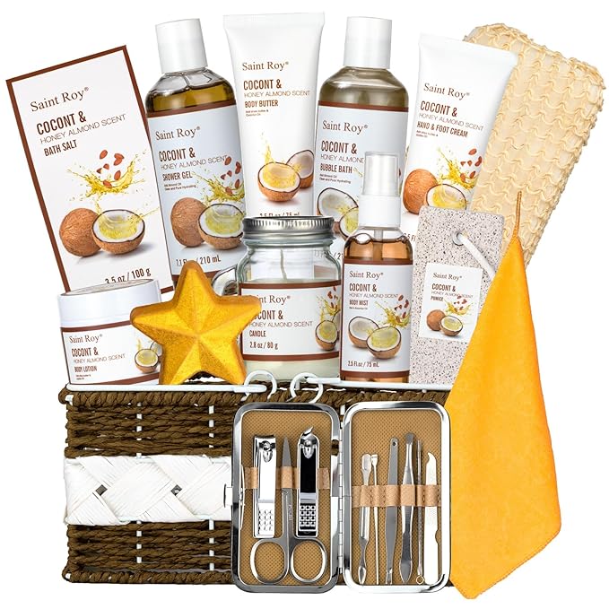 Spa Gift Basket Luxury Bath and Body Basket Set 17-Piece Coconut Honey Almond for Women for Mom for Her Pampering Large Luxury Home Spa Kit, Relaxing Self Care Pamper Gifts Birthday Bridal Shower Bath
