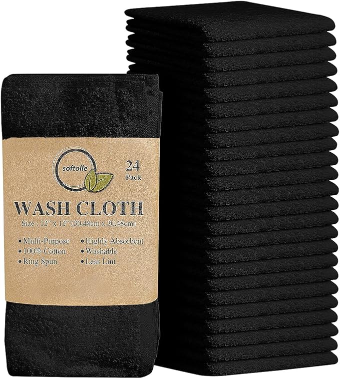 Softolle 100% Cotton Washcloths 24 Pack (12x12 Inches) Soft, Highly Absorbent Washcloth, Face Towels, Wash Cloths for Face, Ring Spun, Bulk Pack (Black)