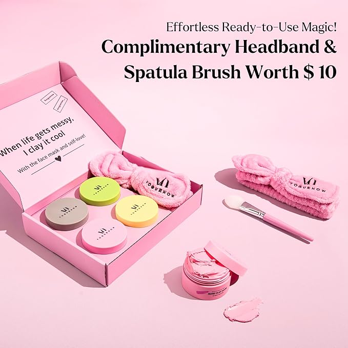 VogueNow Clay Mask Gift Pack of 4 Jars (400g) With Cute Headband & Brush | Premium Clay Face Mask | Turmeric Vitamin C, Green Tea, Rose, Dead Sea Mud | Clay Mask For Face | Spa Gift set for Women