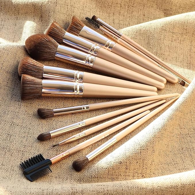 BEAKEY 12pcs Vegan Makeup Brush Set Soft high-density Taklon fibers,durable birch handles,zero shedding,easy to clean,perfect for creating any look