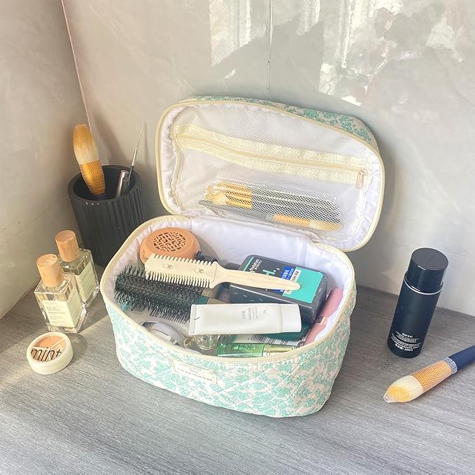 Green Large Quilted Floral Makeup Bag Cute Soft Coquette Aesthetic Cosmetic Bag Cotton Travel Toiletry Bag for Women