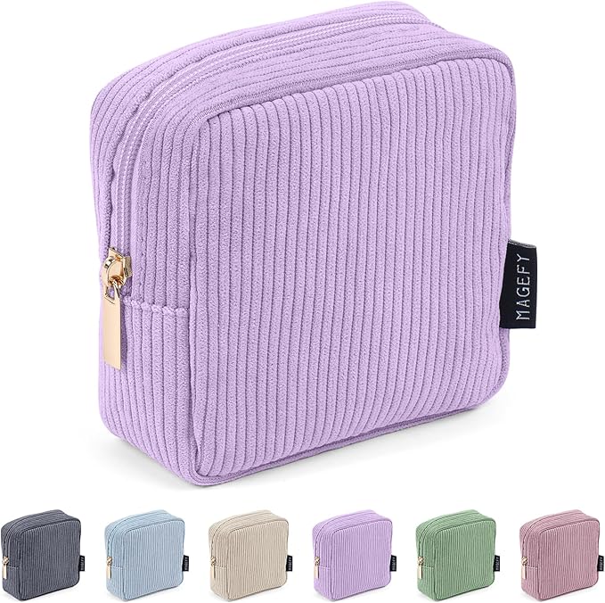 MAGEFY Small Makeup Bag for Purse Mini Cosmetics Bag Corduroy Cute Cosmetic Pouch for Women with Slip-in Pockets