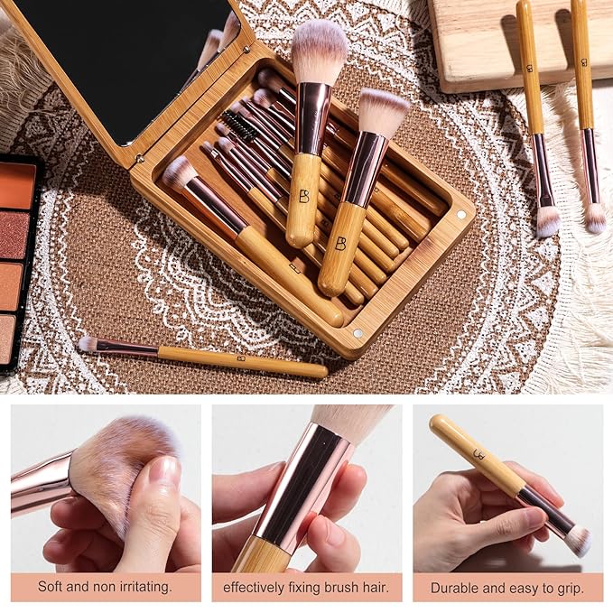BS-MALL Travel Makeup Brush Set Kabuki Brushes Bamboo- Includes Eyeshadow Blush Brush & Foundation Brush For Liquid Makeup - 5X Magnifier Bamboo Mirror Case For Travel or On the Car Daily Use