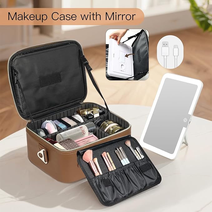 Makeup Case with LED Light Mirror,12 Inch Professional Portable Travel Cosmetic Organizer Bag with Adjustable Dividers, USB Charging, Large Capacity, Ideal for Travel, Gift for Women Girls