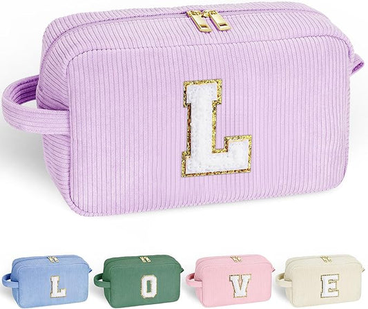 YOOLIFE Personalized Girls Gifts - Girlfriend Gifts Initial Makeup Bags for Girls Cosmetic Bag with Brush Pouch Small Makeup Bag Unique Girlfriend Aunt Best Friend Birthday Gifts for Women Letter L