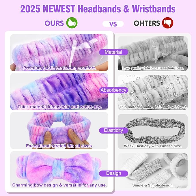 Spa Headbands for Women with Wristband Set: Facial Makeup Headbands for Girls & Teens - Soft Coral Fleece Elastic Hair Wraps with Wrist Accessories for Washing Face Shower Bath Beauty Skincare Gifts