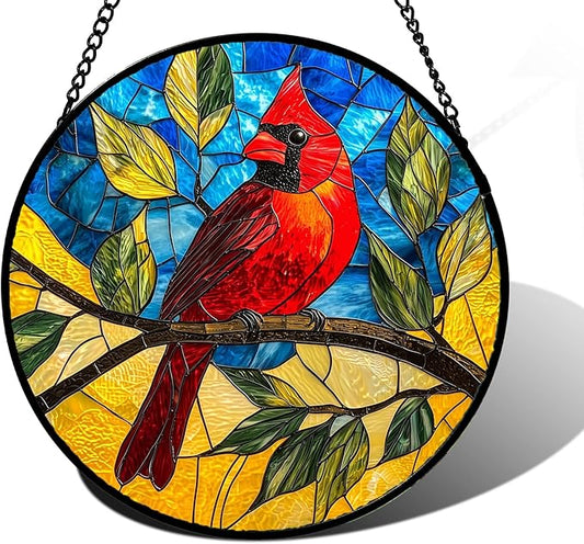 Stained Glass Window Hanging, Blue Sky Cardinal Sun Catchers Colorful Glass Panel Red Birds Suncatcher Decor for Birthday for Women, Men, Wife, Aunt, and Mom 7.8 in