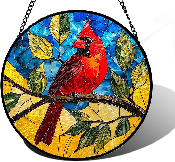 Stained Glass Window Hanging, Blue Sky Cardinal Sun Catchers Colorful Glass Panel Red Birds Suncatcher Decor for Birthday for Women, Men, Wife, Aunt, and Mom 6.3 in