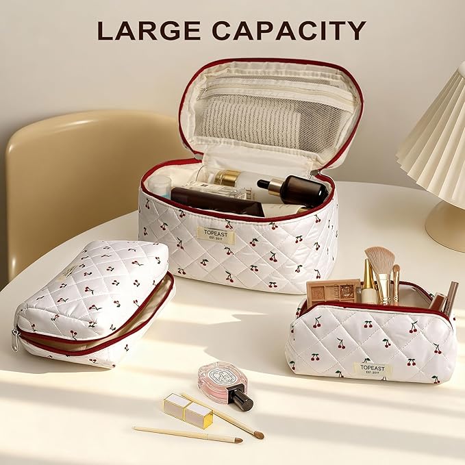 TOPEAST Travel Makeup Bag for Women Girl, 3Pcs Large Cotton Quilted Make up Brush Bags, Portable Cute Cosmetic Bag Sets with Zipper, Machine Washable Toiletry Pouch, Cherry