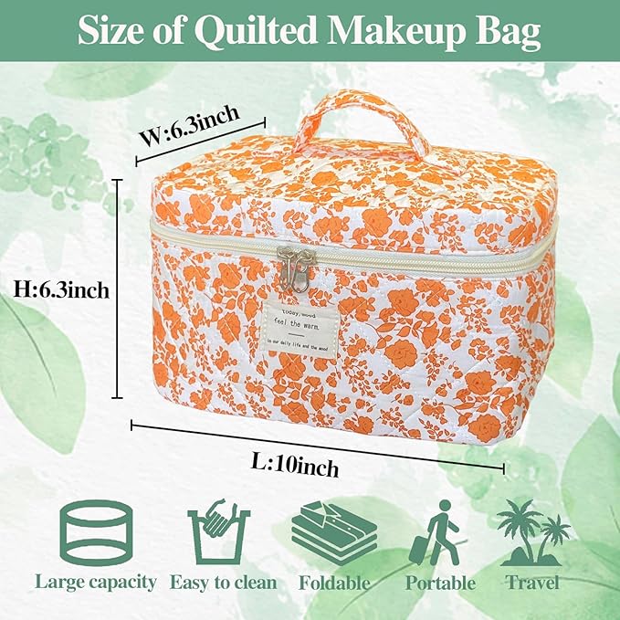 Orange Large Quilted Floral Makeup Bag Cute Soft Coquette Aesthetic Cosmetic Bag Cotton Travel Toiletry Bag for Women