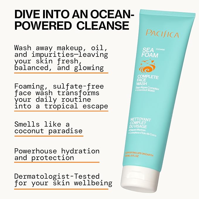 Pacifica Beauty Sea Foam Face Cleanser, Daily Gentle Foaming Face Wash, With Coconut Water + Sea Algae Complex, Removes Makeup, For Combination and Oily Skin, Vegan and Cruelty Free, Clean Skin Care
