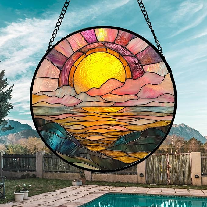 Stained Glass Window Hanging, Sunrise Over The Sea Suncatcher Diamond Glass Panel Hangings Abstract Sun Catchers Decor for Birthday for Women, Men, Wife, Aunt, and Mom 14.9 in