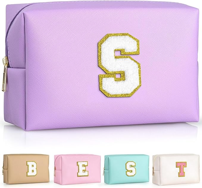 TOPEAST Initial Cosmetic Bag for Women, Preppy Small Makeup Bag, PU Leather Waterproof Toiletry Bag, Monogrammed Birthday Gifts for Women, Stuff for girls (Purple S)