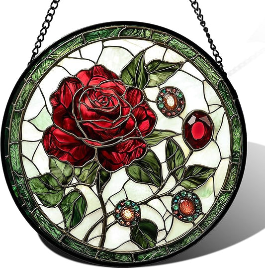 Stained Glass Window Hanging, Red Rose Gemstone Green Sun Catchers Diamond Glass Panel Hangings Suncatcher Decor for Birthday for Women, Men, Wife, Aunt, and Mom 14.9x14.9 in