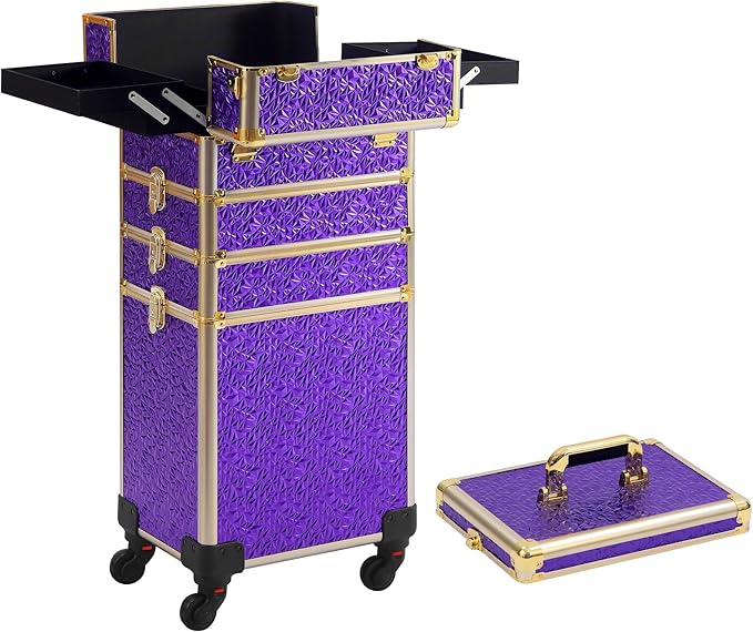 Rolling Makeup Case, Makeup Train Case with Lid, 5 in 1 Cosmetology Case on Wheels, Christmas Gift, Large Makeup Organizers, Profesional Cosmetic Case for Salon Barber, Purple Gold