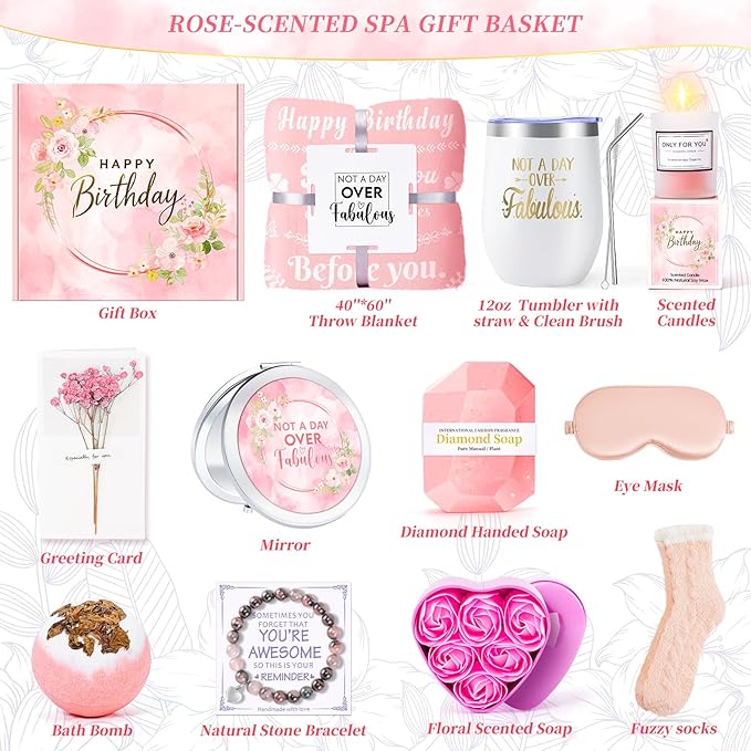 15PCS Birthday Gifts for Women-Pink Self Care Package Get Well Soon Gifts, Relaxing Spa Gift Female Friendship Thinking of You Care Package for Mom Her Wife Girlfriend Friend Sister