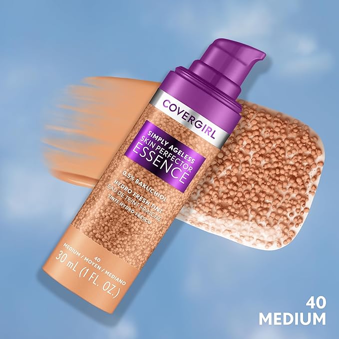 Covergirl Simply Ageless Skin Perfector Essence Foundation, 40 Medium, Tinted Skincare Makeup Hybrid, Sheer Tint, Radiant Finish,Glowy Finish, Vegan Formula, 1.0oz