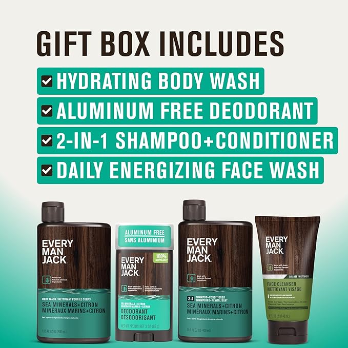 Every Man Jack Men’s Sea Minerals + Citron Bath and Body Gift Set - Clean Ingredients & Sea Minerals and Citron scent - Round Out His Routine with Body Wash, 2-in-1 Shampoo, Deodorant & Face Wash