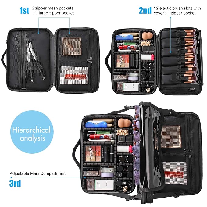 MONSTINA Travel Makeup Train Case,13.8 inches Large Cosmetic Case,Makeup Brush Holder Organizer and Storage with Adjustable Dividers and Shoulder Strap (Black)