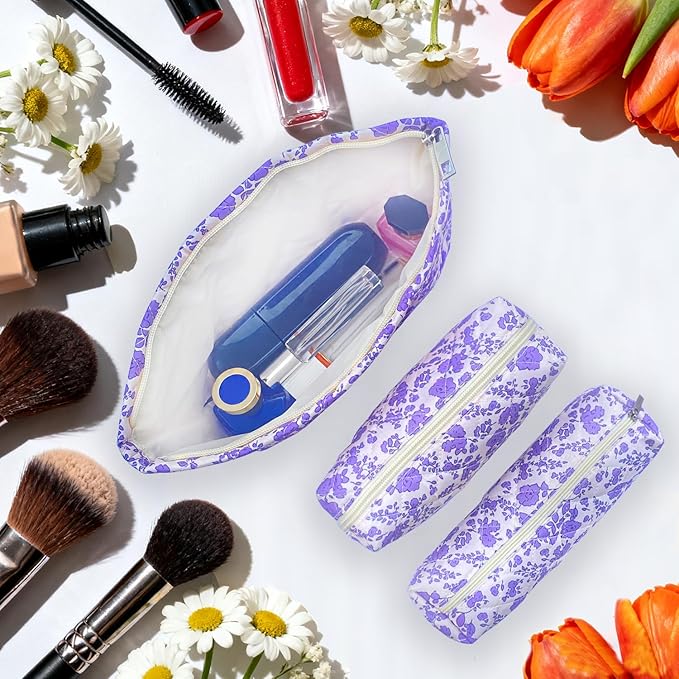 3 Piece Purple Quilted Floral Makeup Bag Set Small Cosmetic Bag For Women Cute Cotton Makeup Pouch For Purse