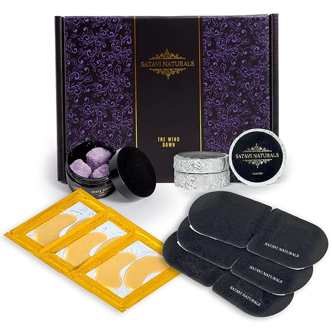 The Wind Down Self Care Set - Relaxation Kit and Care Package Including Steam Eye Mask, Lavender Sugar Scrub & Aromatherapy Shower Steamers, 24K Gold Eye Masks - Spa Gifts for Women