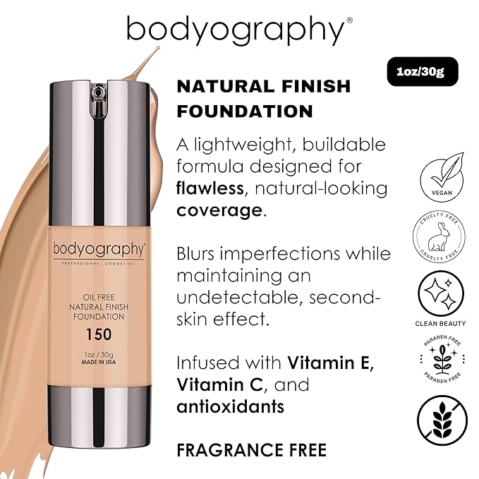 Bodyography Matte Foundation Makeup (Medium #165): Oil-Free Anti-Aging Salon Natural Finish w/ Vitamin E, C, Antioxidants | Vegan, Gluten-Free, Paraben-Free