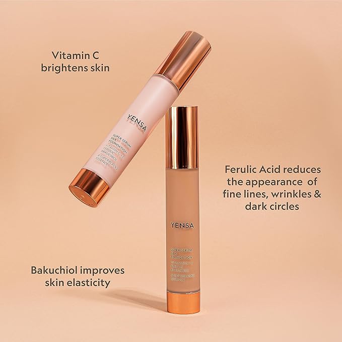 YENSA Serum Foundation Makeup - Super Silk Full Coverage Foundation Enriched with Peptides, Vitamin C & Ferulic Acid to Help Reduce Fine Lines, Wrinkles & Dark Circles - Fair 1 (1 oz)