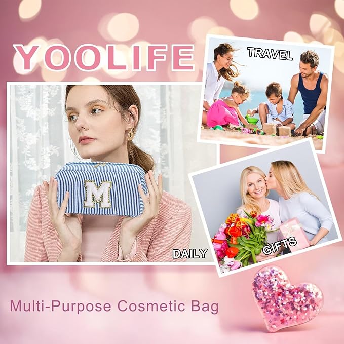YOOLIFE Initial Makeup Bag for Women - Monogram Cute Blue Makeup Bags Cosmetic Toiletry Pouch Make Up Case for Women Her Best Friend Friendship Sister Teacher, Personalized Birthday Gifts for Women L