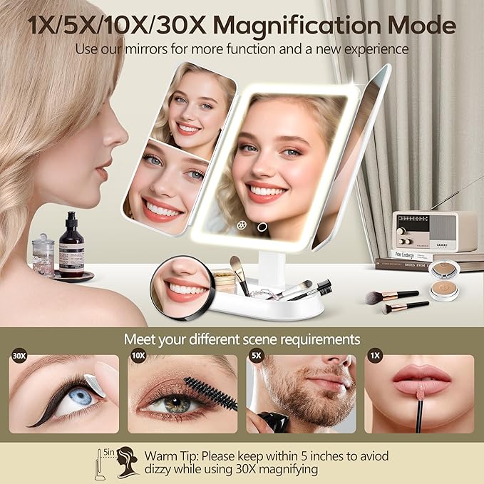 Lighted Makeup Mirror with 30X/10X/5X Magnification, Detachable Design for Travel, Rechargeable Trifold Mirror with 3 Color& Adjustable Brightness, Portable Makeup Mirror with Lights for Desk