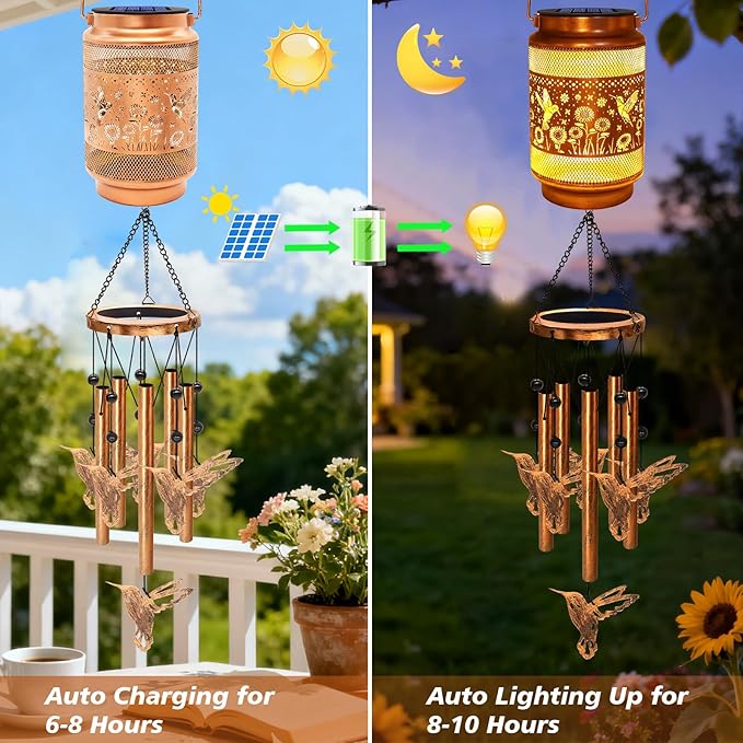Hummingbird Solar Wind Chimes for Outside, Gifts for Christmas Mom Women Grandma Birthday Memorial Teacher, 32" Windchimes Outdoor Decor Hanging Solar Lantern for Garden Porch Patio Backyard