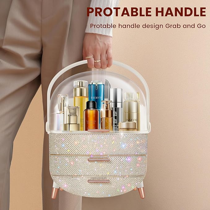 Bling Makeup Organizer for Teen Girl Gift,Hollywood Vanity Makeup Storage Box for Girl Birthday Gift,Practical Gift for Daughter,Bathroom Organizer,Skincare Organizer (Rhinestone White)