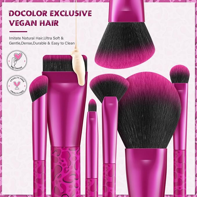 docolor Makeup Brushes 12PCS Pink Leopard Makeup Brush Set Premium Synthetic Foundation Powder Concealers Eyeshadow Blush Make Up Brushes with 1PC Large Powder Puffs
