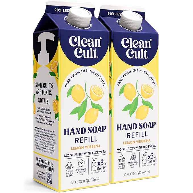 Cleancult Liquid Hand Soap Refills - Lemon Verbena - Moisturizes Dry & Sensitive Skin - Made with Aloe Vera & Essential Oils - Eco Friendly - Paper-Based Packaging - 32 oz/2 Pack