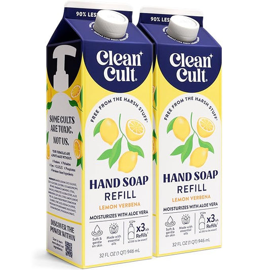 Cleancult Liquid Hand Soap Refills - Lemon Verbena - Moisturizes Dry & Sensitive Skin - Made with Aloe Vera & Essential Oils - Eco Friendly - Paper-Based Packaging - 32 oz/2 Pack