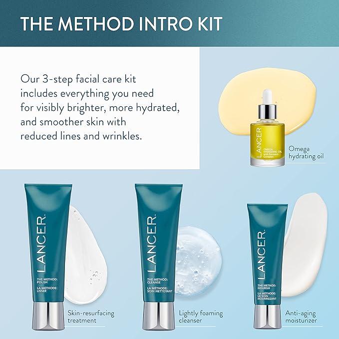 Lancer Skincare The Method Intro Kit, 3-Step Anti-Aging Facial Exfoliator, Cleanser, and Moisturizer Kit for Glowing Skin, Reveals Healthy-Looking Glowing Skin