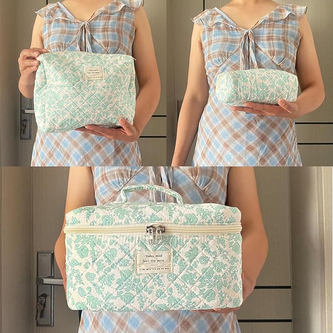 Green Large Quilted Floral Makeup Bag Set of 3 Cute Coquette Aesthetic Cosmetic Bag Set Travel Toiletry Bag for Women
