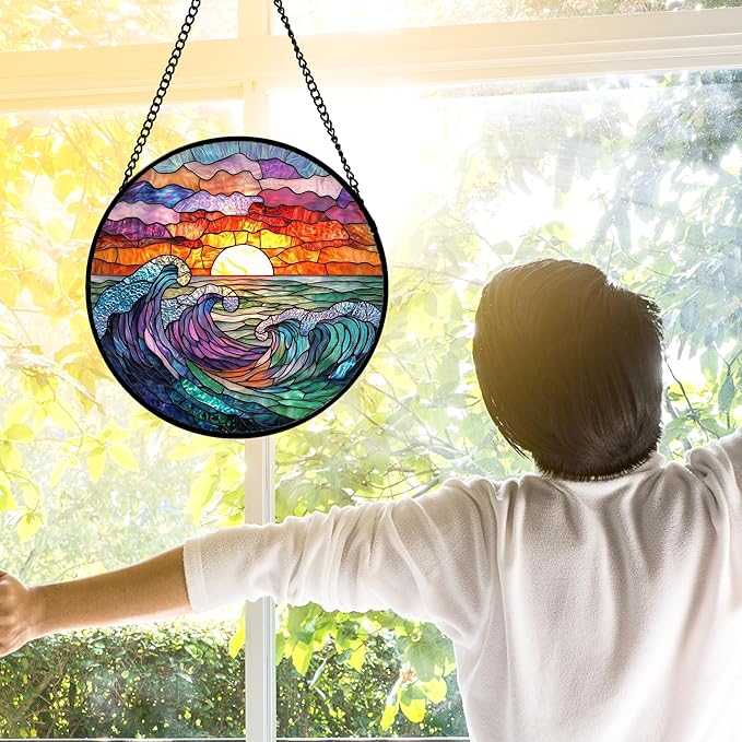 Stained Glass Window Hanging, Clouds and Sea Waves Suncatcher Diamond Glass Panel Hangings Scenery Sun Catchers Decor for Birthday for Women, Men, Wife, Aunt, and Mom 11.8 in