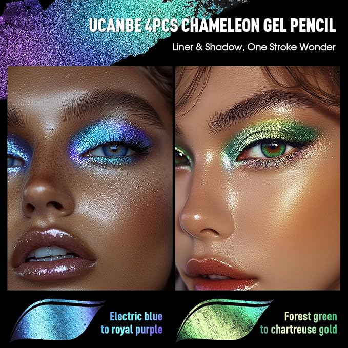 UCANBE 2PCS Chameleon Eyeshadow & Eyeliner Gel Pencil Set - Multichrome Shifting Colors Metallic Glitter Eye Makeup,Waterproof Long-Lasting Smudge-Proof Multi-Dimensional Color
