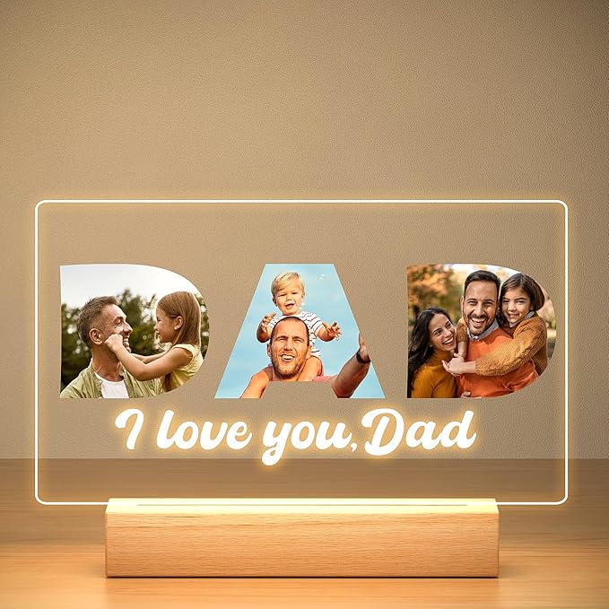 Custom Dad Picture Frame with Photo, Personalized Photo Frame with Night Light, Customized Picture Frames, Personalized Christmas Birthday Gifts for Dad from Daughter & Son