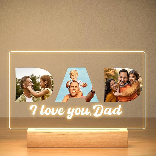 Custom Dad Picture Frame with Photo, Personalized Photo Frame with Night Light, Customized Picture Frames, Personalized Christmas Birthday Gifts for Dad from Daughter & Son