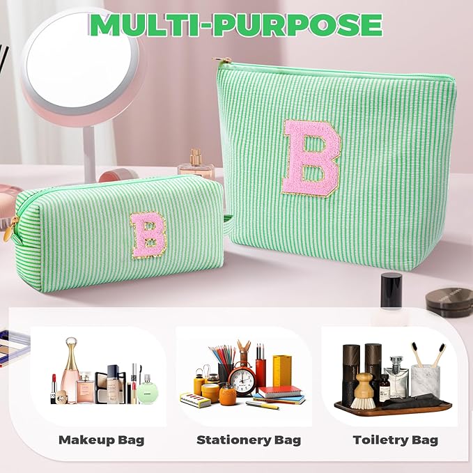 Bridesmaid Gifts Wedding Day - Bridal Shower Gifts,Maid of Honor Gifts,Initials Makeup Bag Set Cosmetic Bag - Green,B