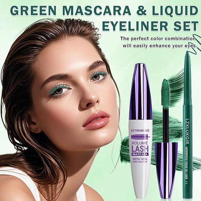 Green Mascara and Eyeliner Set,Natural Curling Green Mascara for Eyelashes,Volumizing Lengthening Rimel de Pestañas Waterproof,5D Colored Eye Makeup