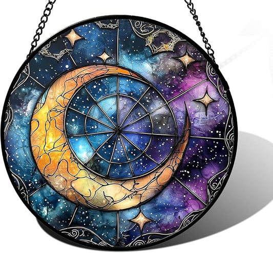 Stained Glass Window Hanging, Blue Starry Sky Moon Astrolabe Suncatcher for Doors Home Sun Catchers Decoration and Christmas, Mother's Day Birthday Gifts for Women, Men, and Mom 14.9x14.9 in