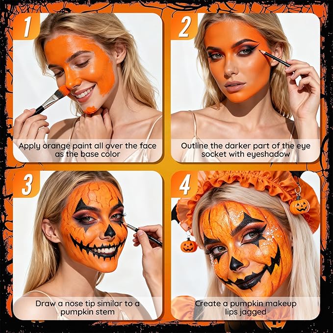 Halloween for Pumpkin Tiger Makeup Kit, Complete Halloween SFX Costume Makeup Set for Pumpkin &Tiger Cosplay ,Black White Orange Water-Based Face Paint Kit with Black Lip Gloss